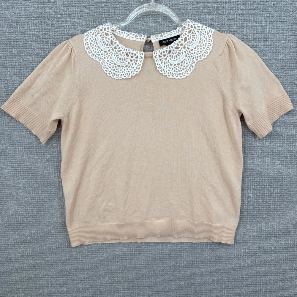 Coquette Kawaii Cottage Lace Peter Pan Collar Short Sleeve Sweater Women M Tan